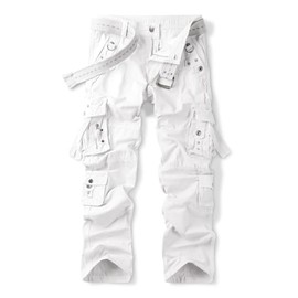 OCHENTA Men's Cotton Casual Baggy Cargo Work Travel Pants with Multi Pockets Relaxed Loose Fit White 34
