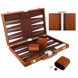 Backgammon Set, 11 Inch 2 Players Travel Backgammon Set with Premium Leather Case, Acrylic Playing Pieces and Dice Cups, Portable Backgammon Sets Luxury for Adults and for Children(Brown)
