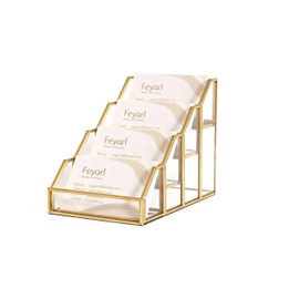 Feyarl Glass Business Cards Holder 4 Slots Multiple Gold Office Name Card Display Stand Clear Glass Desk Mirrored Business Cards Organizer for Office Reception Trade Show Agency