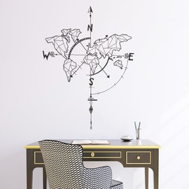 decalmile Geometric World Map Wall Sticker Compass Wall Sticker Vinyl Black Wall Sticker for Living Room Bedroom Office