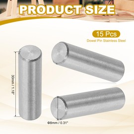 PATIKIL 8mm x 30mm Dowel Pin Stainless Steel, 15 Pcs 304 Stainless Steel Pegs Shelf Pins Rod Support Metal Fasten Elements for Shelves Furniture Fixing Component, Silver