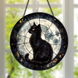 HlaitsWit Black Cat Sun Catcher - Black Cat Full Moon Acrylic Suncatcher Rainbow Maker Stained Glass Window Hanging Ornament Indoor Outdoor Decoration Home Garden Decor Chain Pendant Memorial Gifts