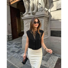 Tankaneo Womens Cropped Cap Sleeve Vest Tank Tops Summer Work Casual Crew Neck Button Down Waistcoats