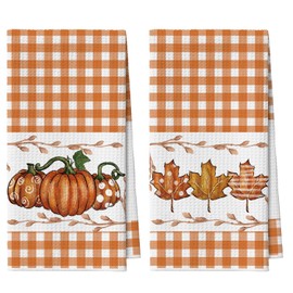 Artoid Mode Orange Buffalo Plaid Pumpkin Fall Kitchen Towels Dish Towels, 18x26 Inch Quick Dry Microfiber Hand Towels for Kitchen Drying Set of 2