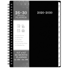 2026-2030 Monthly Planner - 5 year planner, JAN. 2026 - DEC. 2030, 6.2" x 8.3", 5 year calendar 2026-2030 monthly planner, Monthly Planners/Calendar with Waterproof Cover, Twin-Wire Binding, Tabs, Storage Pocket, Classic Black