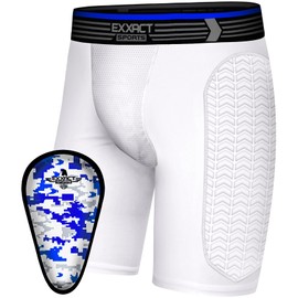 Exxact Sports - Pantalones cortos de compresión para jóvenes con acolchado de espuma en relieve en los lados, con copa atlética ligera con plástico duro, béisbol, fútbol, lacrosse, artes marciales mixtas (blanco, XL juvenil)