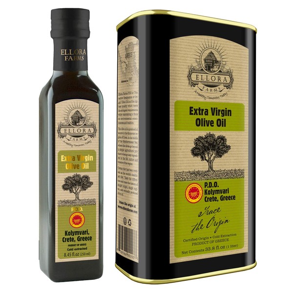 Ellora Farms, Greek Extra Virgin Olive Oil, Gold Award Winner, Single Origin & Single Estate, Kosher & Traceable Olive Oil, 33.8 oz. Tin and 8.45 oz. Bottle Combo Pack