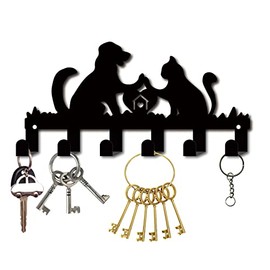 CREATCABIN Key Holder Metal Black Key Hook Organiser Hanger Wall Mounted Decorative with 6 Hooks Dog and Cat Pattern for Front Door Entrance Hallway Bag 27 x 13.7 cm