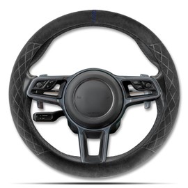 PAUUOOA Alcantara Material Car Steering Wheel Cover, Anti-Slip, Comfortable Grip, Breathable, Durable, Full Surround, Universal Fit Car Interior - Black (Blue Mark) - Race Track Style