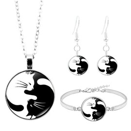 liveliwithmin Black White Cat Animal Necklace Bracelet Set Yin Yang Matching Cats Drop Earrings Couple Cat Pet Jewelry Set Gift for Cat Lovers (black white cat)