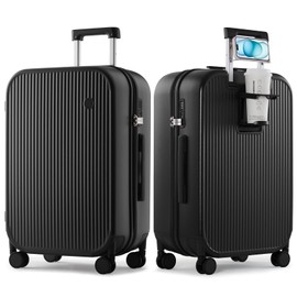 mixi Checked Luggage with Cup Phone Holder Hard Shell Rolling Travel Suitcases with Spinner Wheels,26 Inch Black