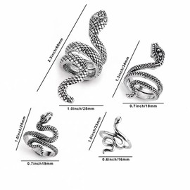 JNTMIKUN Snake Ring, Punk Snake Ring Set, Vintage Snake Ring, Snakes, Alloy Ring for Men and Women, Silver (Pack of 4), Non-precious metal