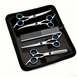7 in 1 Professional Dog Grooming Scissors Kit, 7 Pcs Pet Hair Clippers Set with Straight/Curved Thinning Shears, Round Tip Safety Design Scissors for Dogs Cats Puppy Trimming and Other Animals
