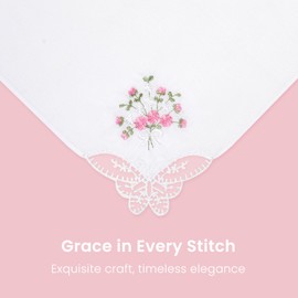 Selected Hanky Women's Cotton Handkerchiefs Flower Embroidered with Lace, Ladies Hankies 6 Pcs - Pink Floral