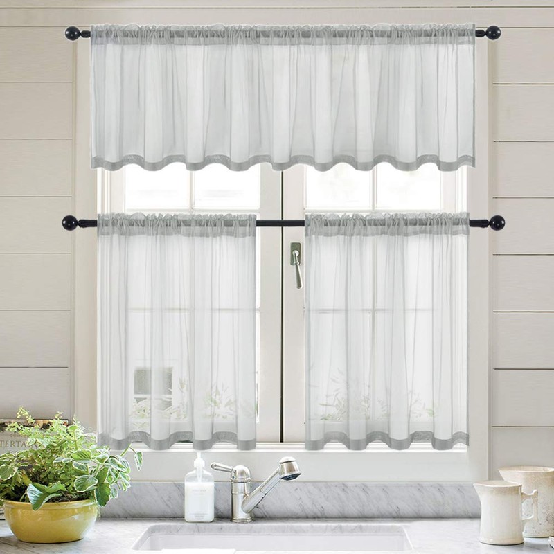 MIULEE Solid Gray Kitchen Sheer Valance Linen Look Window Curtain,Living