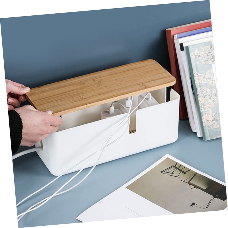 KICHOUSE Cable Storage Box Bamboo Lid Power Line Manager for