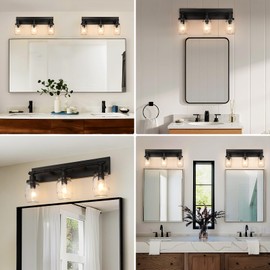 3-Light Bathroom Vanity Light, Black Bathroom Light Fixtures over Mirror, Vintage Wall Sconces with Clear Glass Shade, Industrial Farmhouse Mason Jar Wall Lamp for Bedroom Hallway Living Room
