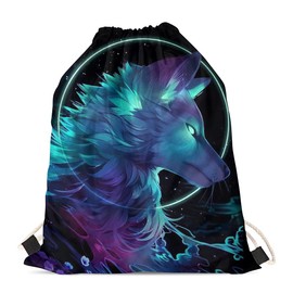 Binienty Drawstring Gym Bag Outdoor Sports Hiking Travel Shoulder Bag Cinch Backpack, Galaxy Wolf