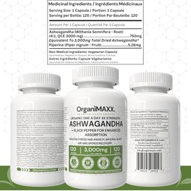 4X Strength Organic Ashwagandha 3,000mg PER SINGLE CAPSULE, 120 Capsules Per Bottle Ashwagandha Supplement With Black Pepper For Enhanced Absorption. Made & Third Party Tested In Canada, Vegan, Gluten Free & Non-GMO