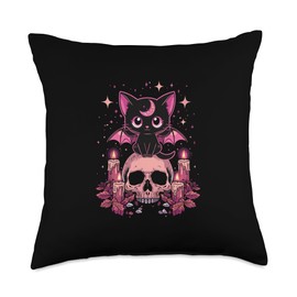 Cute Pink Bat Cat Sitting On Skull Skeleton Candles Design Throw Pillow