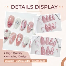Pink Press on Nails Medium Almond Fake Nails 3D Pink Bow Rhinestones Star Pearl Designs Star False Nails Acrylic French Tips Full Cover Stick on Nails Reusable Artificial Glue on Nail for Women 24Pcs