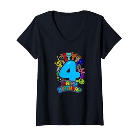 Womens Happy 4th Birthday Sprunky! | Simon Funbot Oren Pinki V-Neck T-Shirt