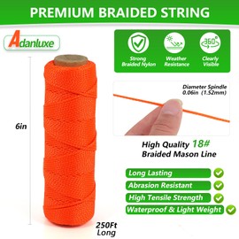 Adanluxe Mason Line Nylon String Line, 250Ft #18 Braided Twine String for Gardening, Garden Tomato String Twine, Premium Construction String Line Level for Masonry Tools, Outdoor Kite String