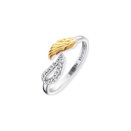 Engelsrufer ERR-TWINWING-ZI-G Women's Ring 925 Sterling Silver with Gold Coloured Angel Wings and Cubic Zirconia Adjustable Size, Sterling Silver, Cubic Zirconia