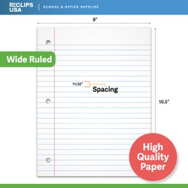 Notebook Paper, Loose Leaf Paper, Wide Ruled Notebook Paper, 10.5” x 8” Filler Paper, 56 gsm, 900 Sheets, 150 Per Pack (6 Pack)