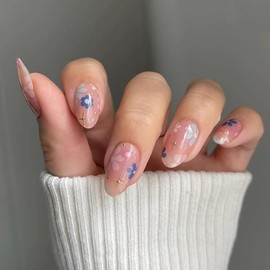 Short Press On Nails Almond Fake Nails Acrylic Nails Press Ons Full Cover False Nails With Flower Designs Artificial Glossy Nails Flower Glue On Nails Short Reuseable Stick On Nails For Women Girls