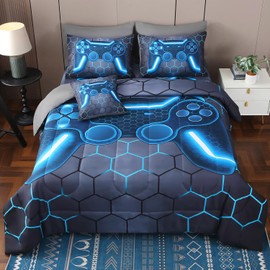 JQinHome Full Gamer Comforter Set 8 Piece Bed in A Bag for Boys,3D Video Game Bedding -All Season Soft Microfiber Down Alternative Comforter Gamer Bedding Sets for Kids (Blue)