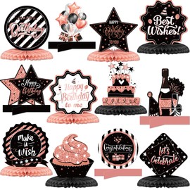 12 piezas de decoración de feliz cumpleaños, centros de mesa de panal para decoración de mesa, cumpleaños, panal, decoración de mesa para mujeres y hombres, suministros de fiesta temática de cumpleaños (oro rosa, negro)