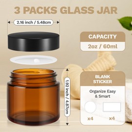 Bumobum 2oz Small Glass Jars with Lids, 3 Pack Round Amber Glass Cosmetic Jars with Inner Liners, 60ml Lotion Container for Sample, Cream, Lotion, Honey, Powder, Jelly | Home & Beauty