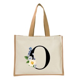 Monogram Initial Canvas Jute Tote Bags for Women - Cotton Shoulder Bags, Reusable Bags for Shopping, Gift bags, Book Bag, Travel Bag, Shopper Bags - Floral Letter O - Natural - S