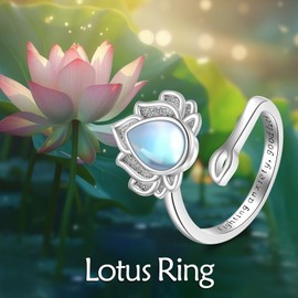 VONALA Anxiety Ring Anxiety Fidget Ring Lotus Flower Sterling Silver 14K White Gold Plated Moonstone Anxiety Relief Ring for Women Men, 12.3*13.5 mm, White Gold, Moonstone