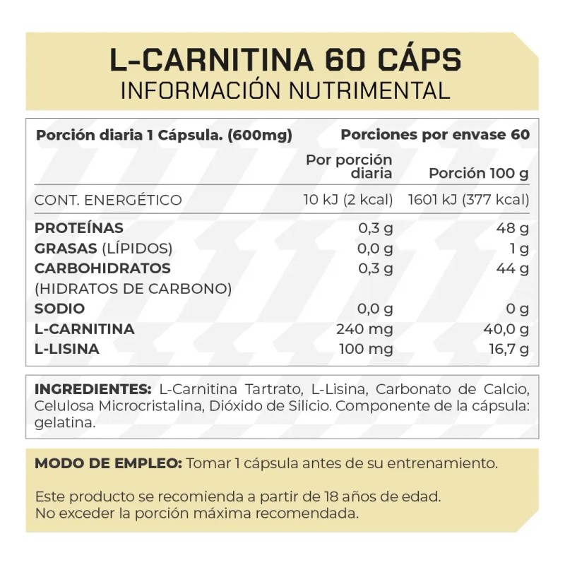 Suplemento L- Carnitina (240 Mg) (60 Caps) Prowinner Sin Sabor