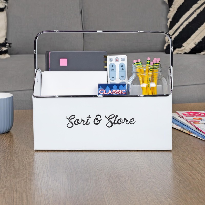AuldHome Design Enamelware Rustic Caddy w/Handle, Distressed White Farmhouse Sort