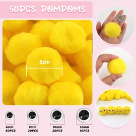 TOAOB 50 pcs Pom Poms Ball 50 mm Large Fluffy Pom Poms Yellow Fuzzy Pompoms Balls with 100 pcs Wiggle Eyes for DIY Crafts Decorations