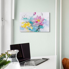 Large Lotus Flower Canvas Print 16x24 Inch – Abstract Pink and Yellow Blooms in Modern Water Zen Style, Gallery Wrapped Wall Art for Bedroom or Living Room