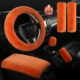 7 Pcs Fuzzy Steering Wheel Cover Set Women Fluffy Car Accessories Armrest Console Covers Handbrake Seat Belt Cover Shoulder pad Gear Shift Cover Deco (Orange)