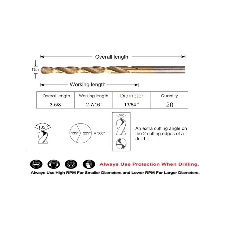 20PCS, 13/64", Titanium Coated Twist Drill Bits