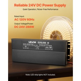VEVOR 288W Dimmable LED Driver, 24V, Triac/ELV/MLV AC to DC Power Supply Transformer for LED Strip Light, Smooth Flicker-Free Dimming, Constant Voltage, Compatible with Lutron Leviton Dimmer Switches