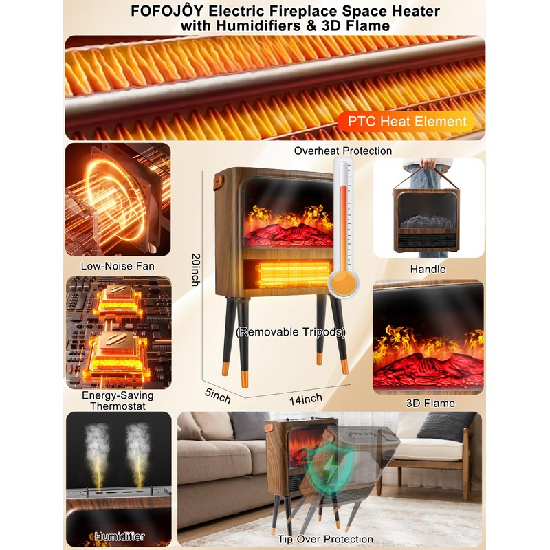 Electric Fireplace Heater with 3D Realistic Flame, Humidifier, Thermostat, Safety