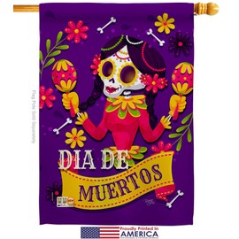 Lady Dia De Muertos House Flag Eagle Set Falltime Day of Dead Los Fiesta Mexican Party Autumntime Small Decorative Gift Yard Banner Made In USA 28 X 40