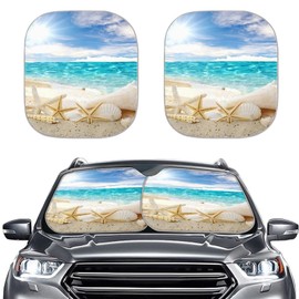 Forchrinse Ocean Beach Seashells with Starfish 2-Piece Windshield Sunshade Block Sun,Heat,Glare,Foldable Front Window Shade Fit for Most of Car Truck SUV Van