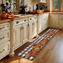 KIMODE Anti Fatigue Mats for Kitchen Floor 17"x47"+17"x29", Brown and White Plaid Kitchen Rugs Sets of 2, Fall Pumpkin Kitchen Mat, Cushioned Kitchen Floor Mat Non Skid for Laundry Office Sink Desk