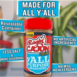 Ragin' Cajun y'ALL PURPOSE Seasoning - 8 oz Shaker - Pack of 2, Low Sodium, No MSG - Mild Louisiana Cajun Spice for Meats, Seafood & Veggies