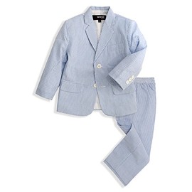 G288 Boys Seersucker 2 Button Suit Set (Large/12-18 Months, Blue)