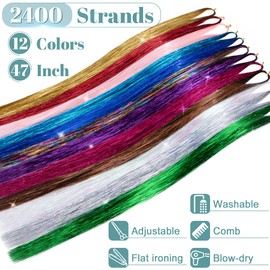 SEGO 47" Hair Tinsel Kit With Tools 12 Colors Glittery Fairy Tensile Hair Heat Risitant For Women Girls, Tinsel Hair Extensions