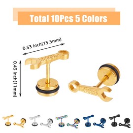 UNICRAFTALE 10Pcs Stainless Steel Hip Hop Earrings Mens Wrench Stud Earrings Screw Back Piercing Earrings Titanium Steel Spanner Tool Stud Earrings Birthday Party Graduation Gifts